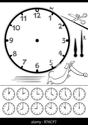 Bianco e Nero Cartoon illustrazioni di Orologio predire il tempo pagina educativa per bambini Illustrazione Vettoriale