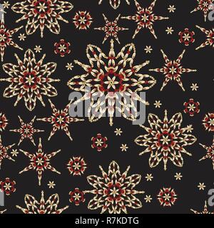 Vettore di Seamless pattern. Sfondo di Natale con le stelle, perline, golden fiocchi di neve e oro su sfondo nero. Illustrazione Vettoriale