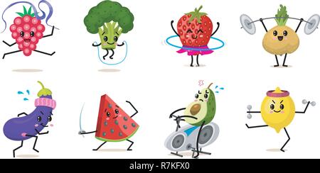 Sport i caratteri di frutta. Set di Carino ortaggi sani e divertente faccia bacche. Happy food fragola melanzana anguria banana broccoli avocado rapa. vegetariana dieta di vitamina e concetto di fitness. Illustrazione Vettoriale