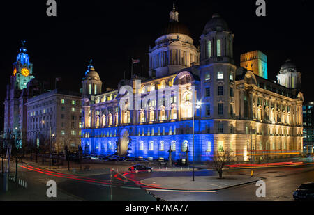 Mersey Docks e Harbour Board Edificio, Cunard e fegato edifici, Pier Head, Liverpool. Immagine presa Dicembre 2018. Foto Stock