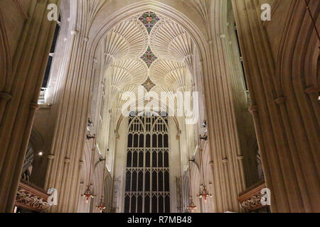 Il principale navata centrale e le volte gotiche con archi ogivali e vetrate nella cattedrale di Bath, Regno Unito Foto Stock