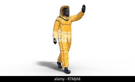 Uomo di protezione da indossare tuta hazmat sventolare, umana con maschera a gas vestito in costume di rischio biologico per la chimica e la protezione tossici, rendering 3D Foto Stock