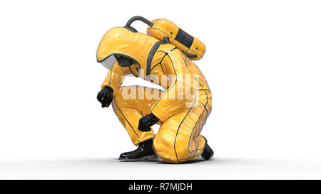 Uomo in biohazard abbigliamento protettivo in ginocchio umano con maschera a gas vestito in hazmat tuta per sostanze tossiche e prodotti chimici protezione, rendering 3D Foto Stock