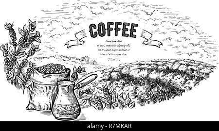 Piantagione di caffè borsa paesaggio bush e caffettiera in stile grafica disegnata a mano illustrazione vettoriale. Illustrazione Vettoriale