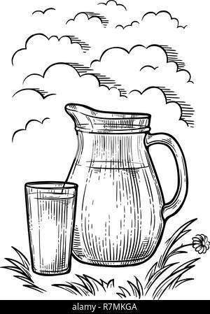 Disegnate a mano immagine brocca e bicchiere di latte sull'erba contro il cielo con le nuvole illustrazione vettoriale Illustrazione Vettoriale