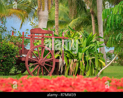 Diciotto secolo carro in legno utilizzati come decorazione di giardini lungo la costa di Cuba. Foto Stock