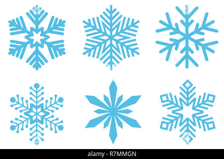 Gruppo di fiocchi di neve diversi isolati su bianco Foto Stock