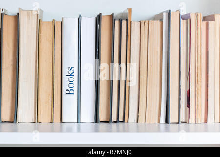 Libri in fila sul ripiano bianco. Uno di loro ha la parola libri scritti sul suo dorso. Foto Stock