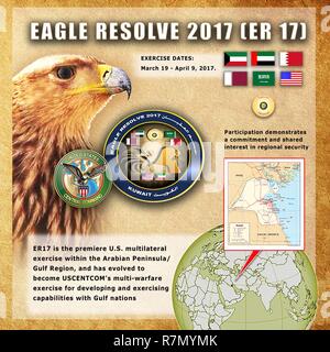 Gli Stati Uniti e il Consiglio di cooperazione del Golfo il personale militare di kick off di inizio di esercizio Eagle risolvere 17 in una cerimonia di apertura mar. 19. ER 17 è destinato a rafforzare gli Stati Uniti e il Consiglio di cooperazione del Golfo di strutture militari di relazioni, a promuovere la sicurezza regionale e migliorare l'interoperabilità con i partner delle nazioni. Foto Stock