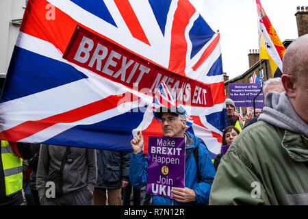 Londra dic 9 2018. Anti UE, Pro Brexit tradimento sostenitori decend su Londra e marzo attraverso il centro di Londra per i rally organizzato da UKIP leader Gerard Batton e Tommy Robinson (Steven Yaxley-Lennon) foto Janine Wiedel Foto Stock