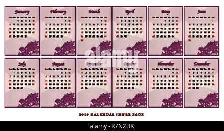 Felice Anno Nuovo Cinese 2019 Calendario pagine interne design retrò peonia fiore lanterna e couplet a molla Illustrazione Vettoriale