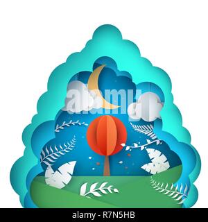 Cartoon paer paesaggio - illustrazione di notte. Illustrazione Vettoriale