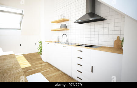 Cucina minima su attico vista posteriore 3d rendering Foto Stock