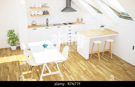 3D rendering di un minimo di cucina di lusso in soffitta Foto Stock