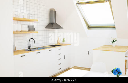 Il minimo cucina bianca su attico rendering 3D Foto Stock