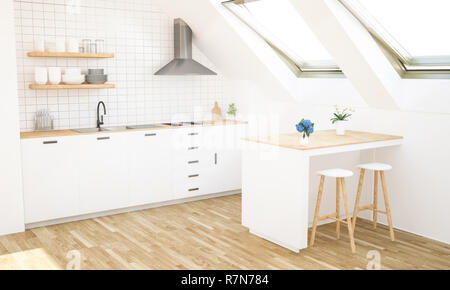 Minimo di cucina moderna in soffitta il rendering 3D Foto Stock