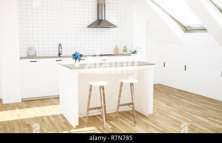 Cucina di lusso su attico con isola di cottura il rendering 3D Foto Stock
