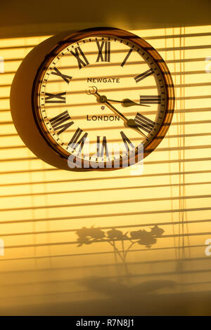 Un orologio su un muro di casa al tramonto con l'ombra di veneziane e un impianto di orchidee. Foto Stock