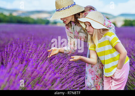 Moderna madre e figlia di toccare la lavanda contro campo di lavanda della Provenza, Francia. Lavanda possono lenire il mal di testa. Cosa possiamo imparare durante Foto Stock