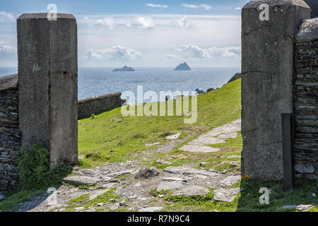 Una vista dall'abbandonato il vecchio Bray Head Tower sull' isola Valentia alle Isole Skellig, nella contea di Kerry, Irlanda. Pecora che pascola sui prati. Foto Stock