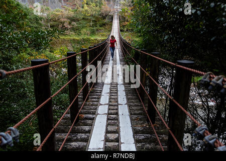 Donna che cammina su una tavola di legno ponte di sospensione, Wakayama, Giappone Foto Stock