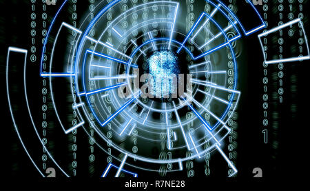 Impronte digitali astratta om schermo virtuale con codice a matrice in background e patern circostante, la verifica biometrica concept Foto Stock