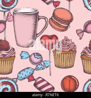 Modello senza cuciture con lecca-lecca colorati, macaron, caramelle, tortine, tazza da tè Illustrazione Vettoriale