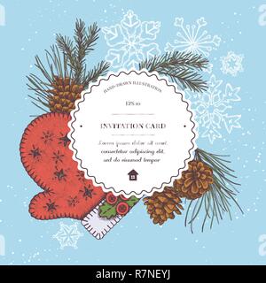 Composizione di vettore con colorato mitten, coni, i fiocchi di neve, ramo di pino, abete rosso Illustrazione Vettoriale