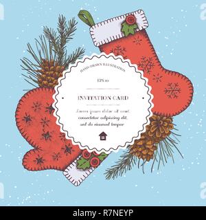 Composizione di vettore con colorato mitten, coni, stoccaggio, ramo di pino, abete rosso Illustrazione Vettoriale