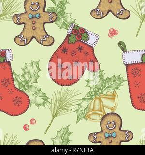 Modello senza cuciture con campane colorate, uomini di panpepato, mitten, stoccaggio, agrifoglio, ramo di pino Illustrazione Vettoriale