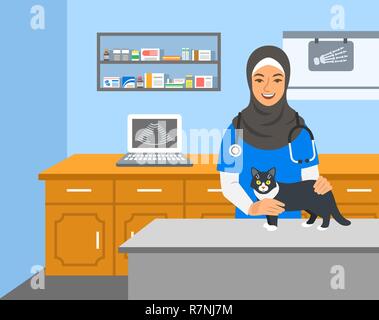 Medico Veterinario donna araba detiene il gatto sul tavolo di esame in clinica veterinaria. Vettore illustrazione del fumetto. Animali domestici health care sfondo. Animale domestico Illustrazione Vettoriale