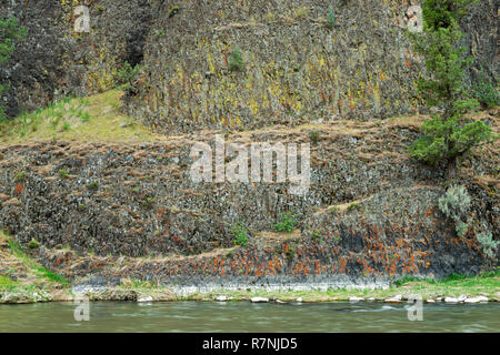 Il Lichen coperti da falesie lungo il tortuoso fiume in Oregon, USA Foto Stock