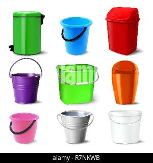 Set benna vettore. Bucketful diversi tipi. Classico vasetto con maniglia, stagno, Bitbucket plastica e metallo Secchio vuoto. Giardino, elettrodomestici, apparecchiature per ufficio. Isolato illustrazione realistica Illustrazione Vettoriale