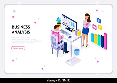Situazioni di lavoro. Concetto di lavoro in ufficio. Business l uomo e la donna a discutere di bersaglio. Utilizzabile per il modello di pagina di atterraggio. Vettore isometrica ill Illustrazione Vettoriale