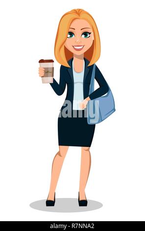 Business Woman in ufficio stile vestiti. Signora moderna imprenditrice azienda caffè. Allegro personaggio dei fumetti. Illustrazione Vettoriale su sfondo bianco. Illustrazione Vettoriale