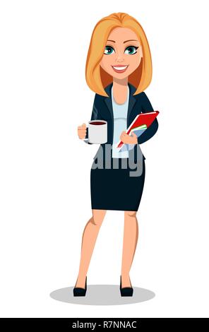 Business Woman in ufficio stile vestiti. Signora moderna imprenditrice tenendo una tazza di caffè e dei documenti. Allegro personaggio dei fumetti. Illustrati del vettore Illustrazione Vettoriale