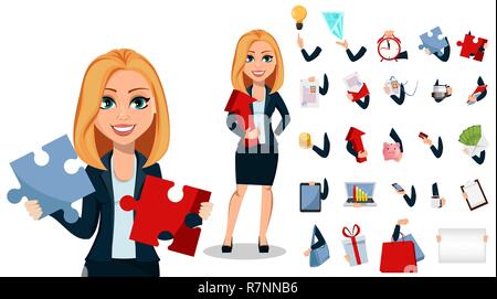Business Woman in ufficio stile vestiti, set di tre pose. Signora moderna imprenditrice. Pack di parti del corpo e le cose. Costruire il proprio design. Allegro Illustrazione Vettoriale