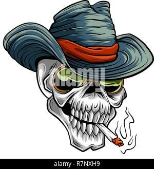 Illustrazione vettoriale del cranio cowboy stile cartoon Illustrazione Vettoriale