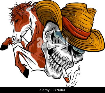 Illustrazione Vettoriale skull cowboy guidare un cavallo Illustrazione Vettoriale