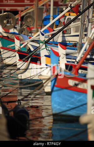 Francia, Var, Saint Tropez, allineamento di pointus nel vecchio porto Foto Stock