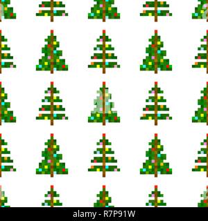 Vector seamless pattern di pixel art albero di Natale su sfondo bianco Illustrazione Vettoriale