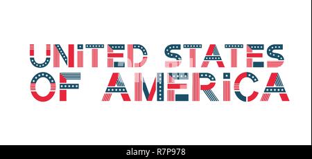 Testo Vettoriale Stati Uniti d'America. Stati Uniti d'America banner a colori di bandiera a stelle e strisce. Illustrazione Vettoriale