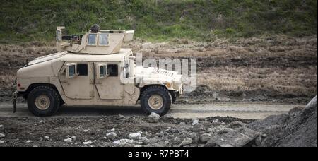 Stati Uniti Marine Corps Marine Wing Support Squadron (MWSS) 171 condotta esercizio Tanuki ira sulle Marine Corps Air Station Iwakuni, Giappone, Marzo 22, 2017. MWSS-171 condotta l'esercizio per aiutare il treno Marines per impostare la protezione attorno ad un aereo abbattuto e le modalità di controllo di una sommossa. Foto Stock