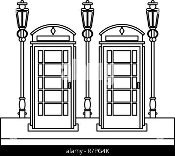 Londra cabina telefonica sulla strada in bianco e nero Illustrazione Vettoriale