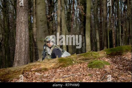 Membri della truppa di Bull, 1° Stormo, 2° Cavalleria innestare una forza multinazionale mentre prendendo parte ad un rapido esercizio di distribuzione durante la Allied spirito vi alla multinazionale comune centro Readiness, Hohenfels Area Formazione, Germania, 25 marzo 2017. Bull truppa, 1° Stormo, 2° cavalleria è un Regimental pronta Task force in grado di distribuire qualsiasi dove in Europa con in 96 ore. Allied spirito vi è un settimo Esercito di formazione comando, U.S. Army Europe - diretto esercizio di multinazionali. Foto Stock