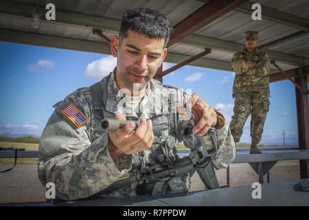 La riserva di esercito Sgt. Alexandro Magana, i sistemi via cavo installatore/manutentore e nativo di Redding, Pennsylvania, assegnato alla società B, 392 Segnale Expeditionary battaglione, 335a comando di segnalazione (Teatro) assembla un M16A2 fucile durante un 'Mistero' evento del comando's 2017 miglior guerriero di concorrenza a Fort Huachuca, Arizona, marzo 28. Foto Stock