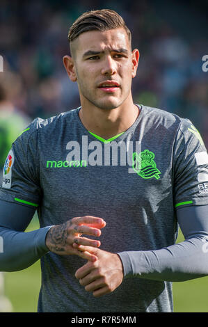 SEVILLA, 02-12-2018. Primera Division campionato spagnolo. LaLiga. Estadio Benito Villamarin. Theo Hernandez (Real Sociedad) durante il gioco Real Betis - Real Sociedad. Foto Stock