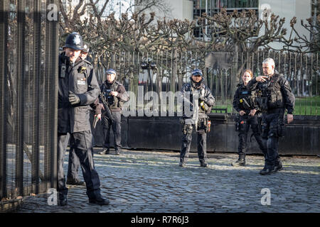 Londra, Regno Unito. 11 dicembre, 2018. Ufficiali di polizia di guardia all'interno del palazzo cancelli dopo momenti ufficiali tasered e arrestato un uomo dentro l'ingresso ai giardini del Regno Unito le Case del Parlamento. London Metropolitan Police ha confermato in una dichiarazione che l' uomo è stato 'detained e arrestato dai cancelli del carrello all'interno del Palazzo di Westminster per sospetto di intrusione in un sito protetto.' Credit: Guy Corbishley/Alamy Live News Foto Stock