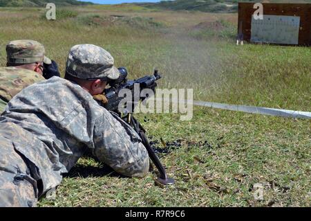 Pfc. William Warren spara un M240 mitragliatrice mentre il suo assistente artigliere, SPC. Scott feltro, osserva i colpi alla gamma 5 al Marine Corps base Hawaii Kaneohe Bay, Hawaii, il 21 marzo 2017. Entrambi i soldati sono fanti assegnati al 2° Battaglione, 35th Reggimento di Fanteria, 3° Brigata Team di combattimento, XXV divisione di fanteria, i partecipanti della brigata giro Mitragliatrice università. Foto Stock