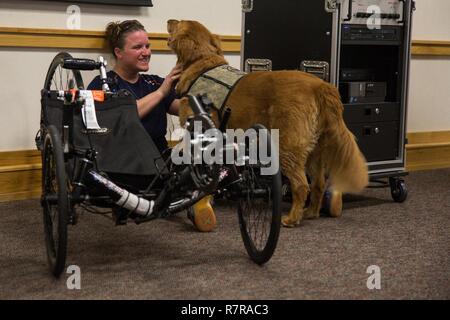 Stati Uniti Il Veterano dell'esercito, Christy Gardner, gioca con il suo dipartimento di difesa certified service dog come ella attende di in corso di elaborazione per la cura del guerriero e la transizione dell'esercito di prove a Fort Bliss in Texas, 27 marzo 2017. Circa 80 feriti e ammalati e feriti active-dovere di soldati e i veterani sono in competizione in otto diversi sport 2-6 aprile a rappresentare il Team esercito al 2017 del Dipartimento della Difesa giochi guerriero. Foto Stock